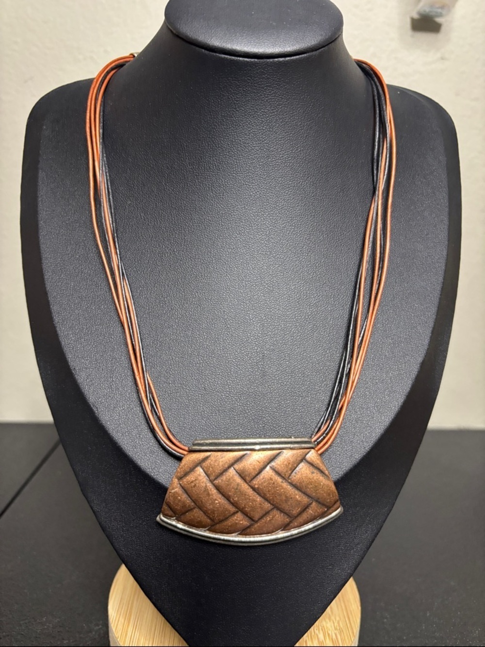 Chico’s Leather Cord Copper Silver Slider Pendant Necklace Geometric